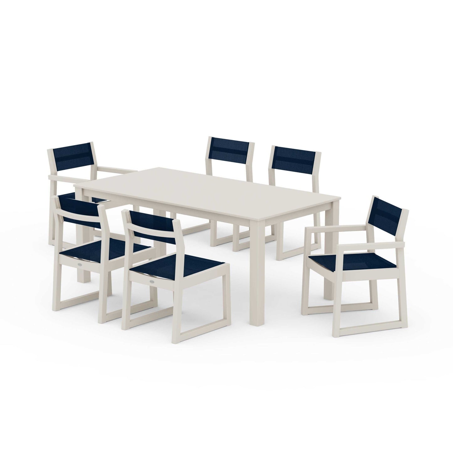POLYWOOD EDGE Sling 7-Piece Parsons Dining Set — Sand / Navy Blue Sling
