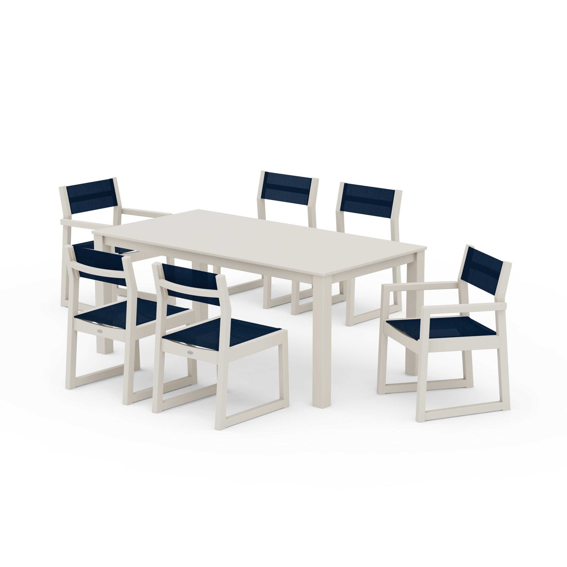 POLYWOOD EDGE Sling 7-Piece Parsons Dining Set — Sand / Navy Blue Sling