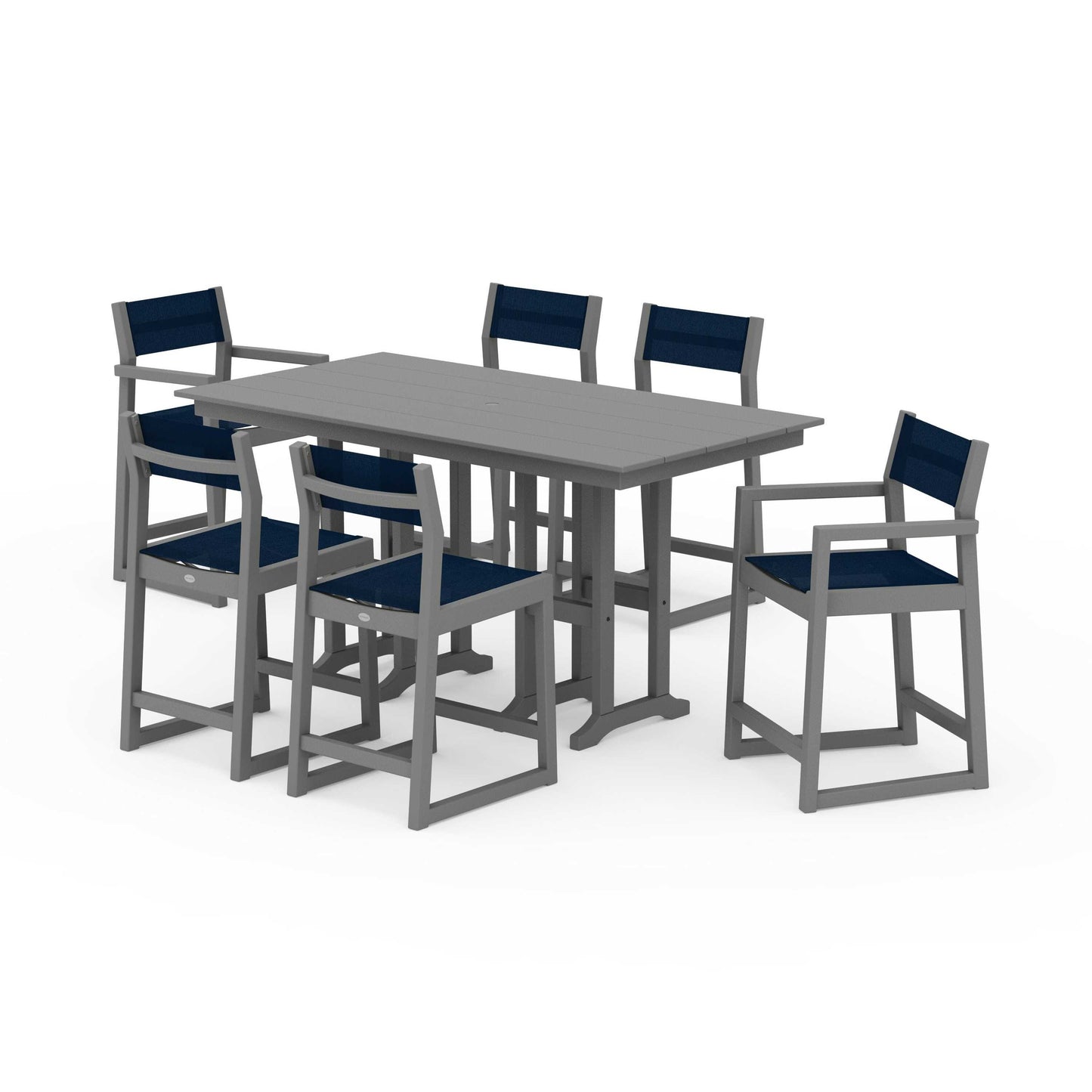 POLYWOOD EDGE Sling 7-Piece Farmhouse Counter Set with Trestle Legs — Slate Grey / Navy Blue Sling