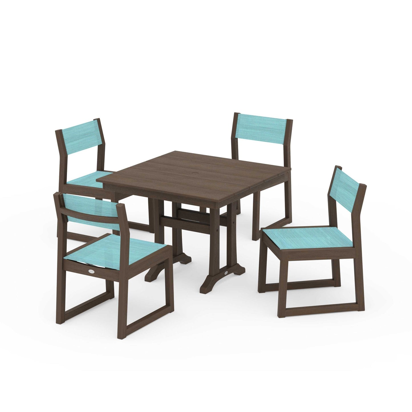 POLYWOOD EDGE Sling 5-Piece Farmhouse Trestle Side Chair Dining Set — Kona / Dupioni Aquamarine Sling