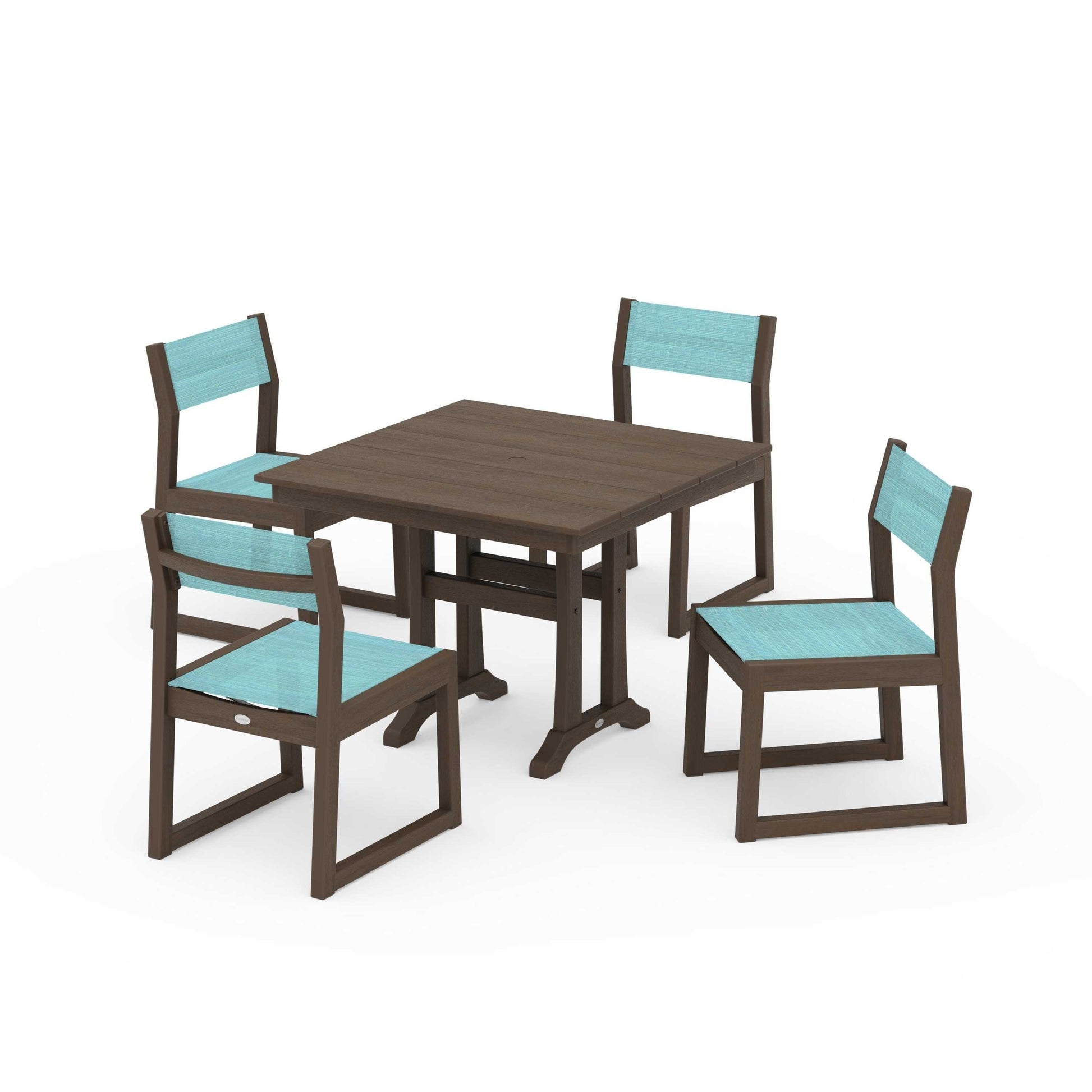 POLYWOOD EDGE Sling 5-Piece Farmhouse Trestle Side Chair Dining Set — Kona / Dupioni Aquamarine Sling