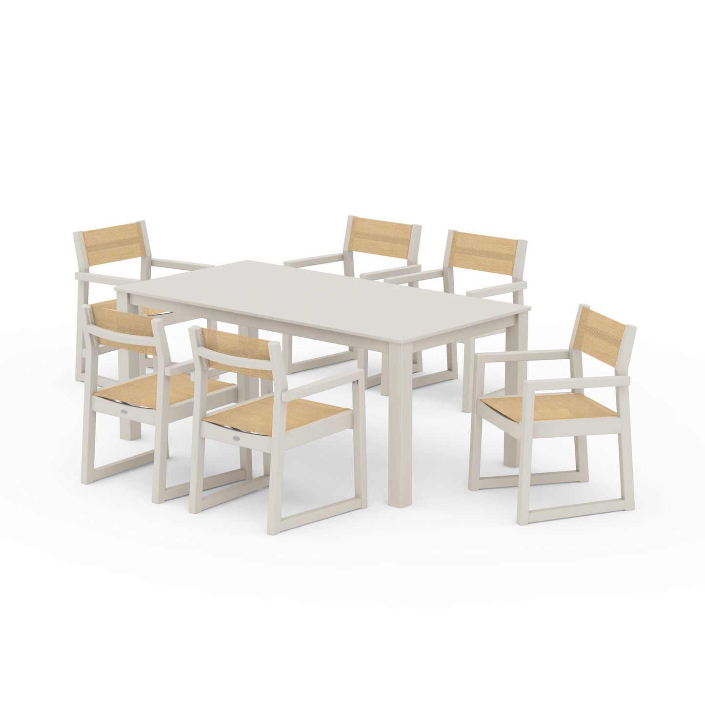 POLYWOOD EDGE Sling Arm Chair 7-Piece Parsons Dining Set — Sand / Dupioni Apricot Sling