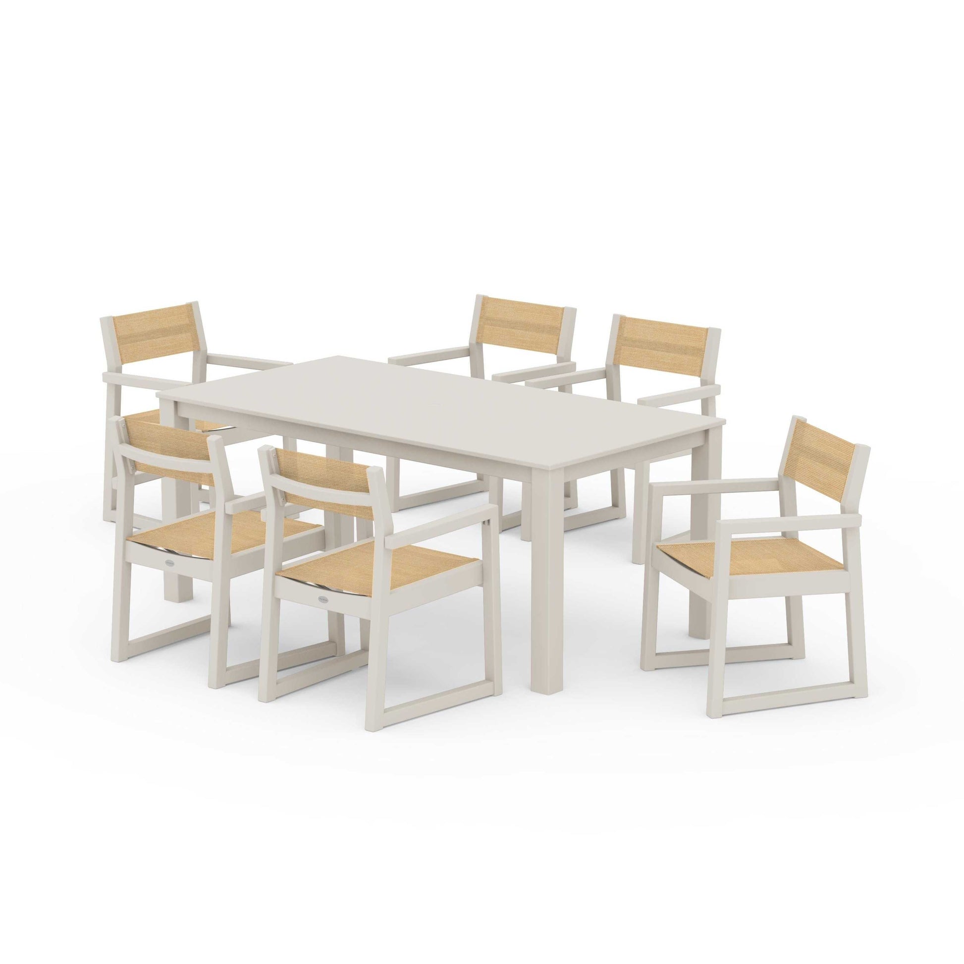 POLYWOOD EDGE Sling Arm Chair 7-Piece Parsons Dining Set — Sand / Dupioni Apricot Sling