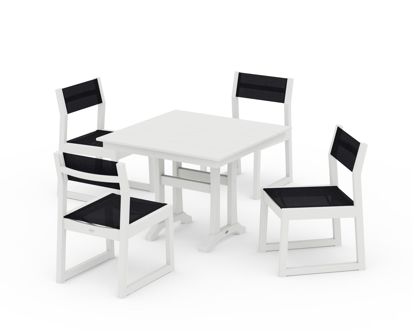 POLYWOOD EDGE Sling 5-Piece Farmhouse Trestle Side Chair Dining Set — Vintage White / Black Sling