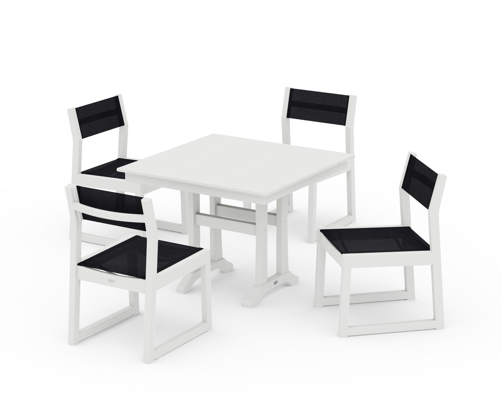 POLYWOOD EDGE Sling 5-Piece Farmhouse Trestle Side Chair Dining Set — Vintage White / Black Sling