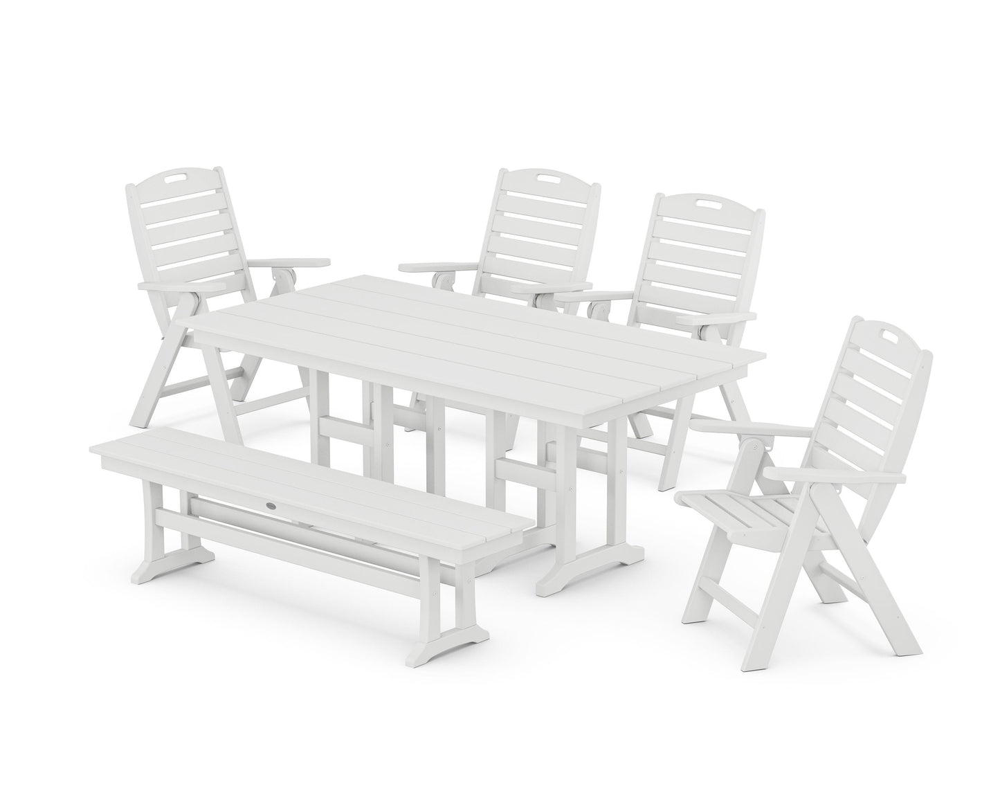 POLYWOOD Nautical Highback 6-Piece Farmhouse Dining Set with Bench — White