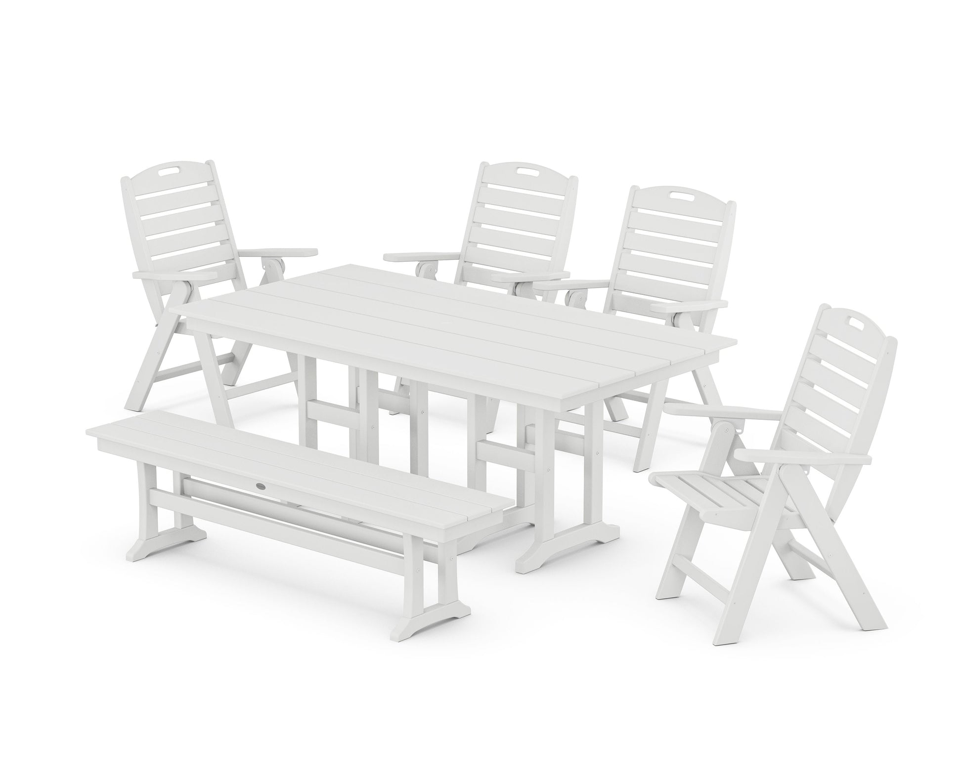 POLYWOOD Nautical Highback 6-Piece Farmhouse Dining Set with Bench — White