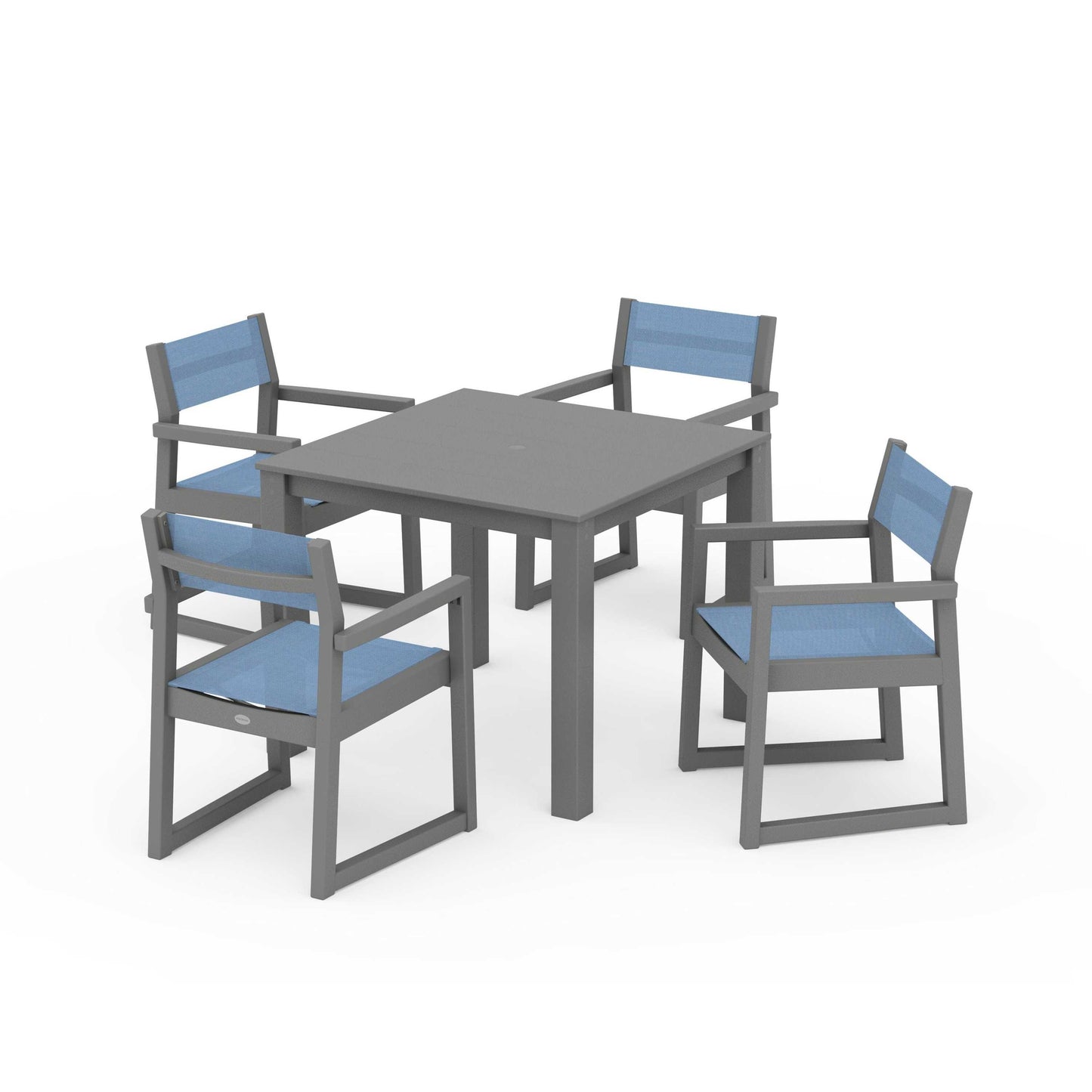 POLYWOOD EDGE Sling Arm Chair 5-Piece Parsons Dining Set — Slate Grey / Poolside Sling