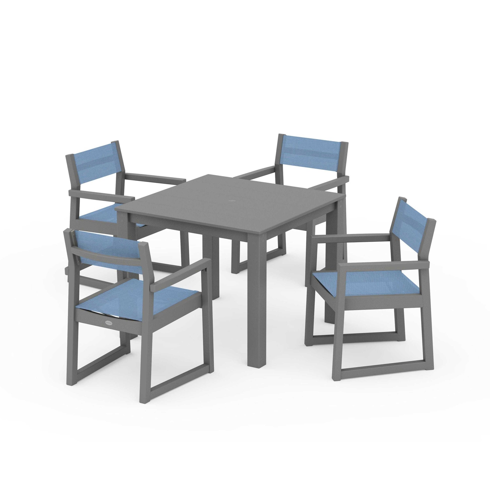 POLYWOOD EDGE Sling Arm Chair 5-Piece Parsons Dining Set — Slate Grey / Poolside Sling