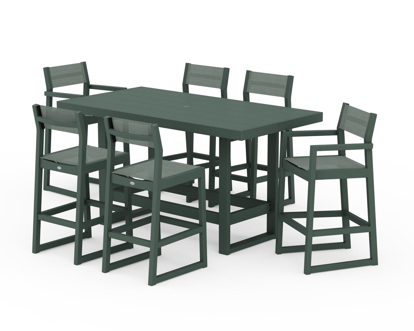 POLYWOOD EDGE Sling 7-Piece Bar Table Set — Green / Dupioni Sea Mist Sling