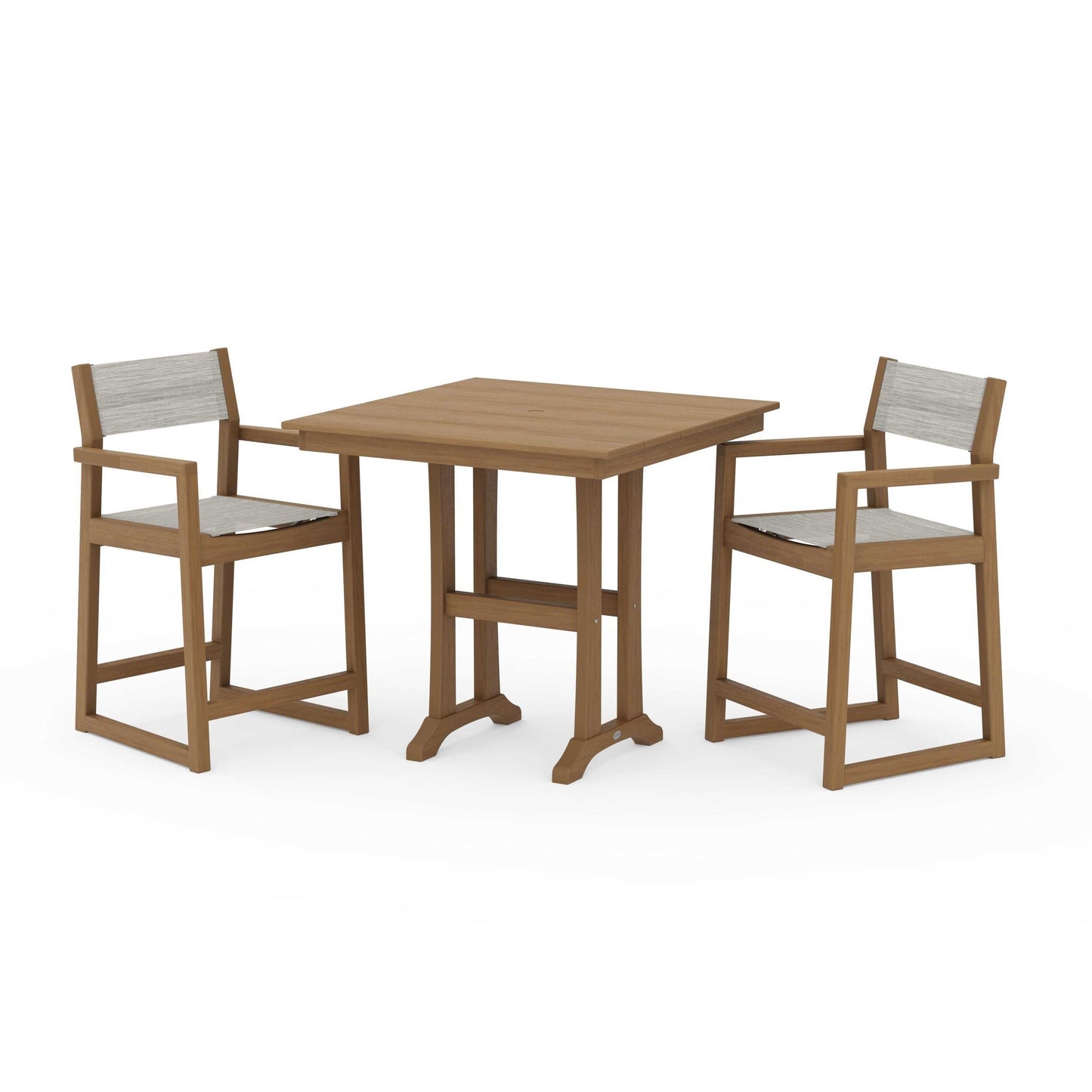 POLYWOOD EDGE Sling Arm Chair 3-Piece Farmhouse Counter Set with Trestle Legs — Natural / Birch Sling