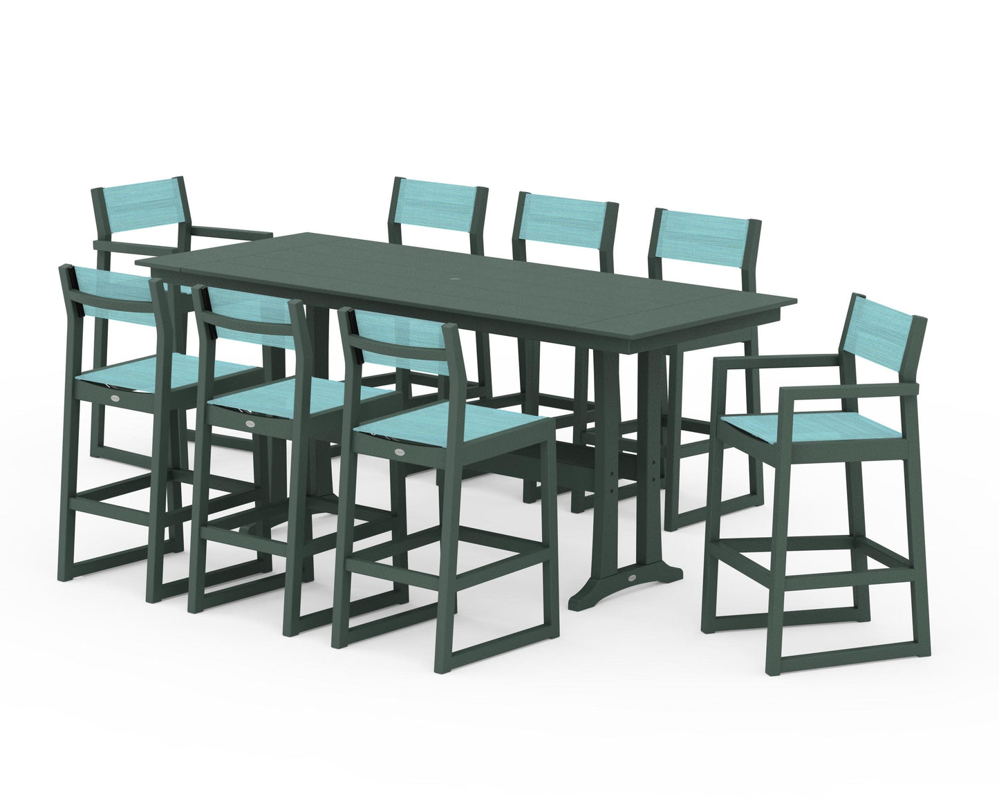 POLYWOOD EDGE Sling 9-Piece Farmhouse Bar Set with Trestle Legs — Green / Dupioni Aquamarine Sling