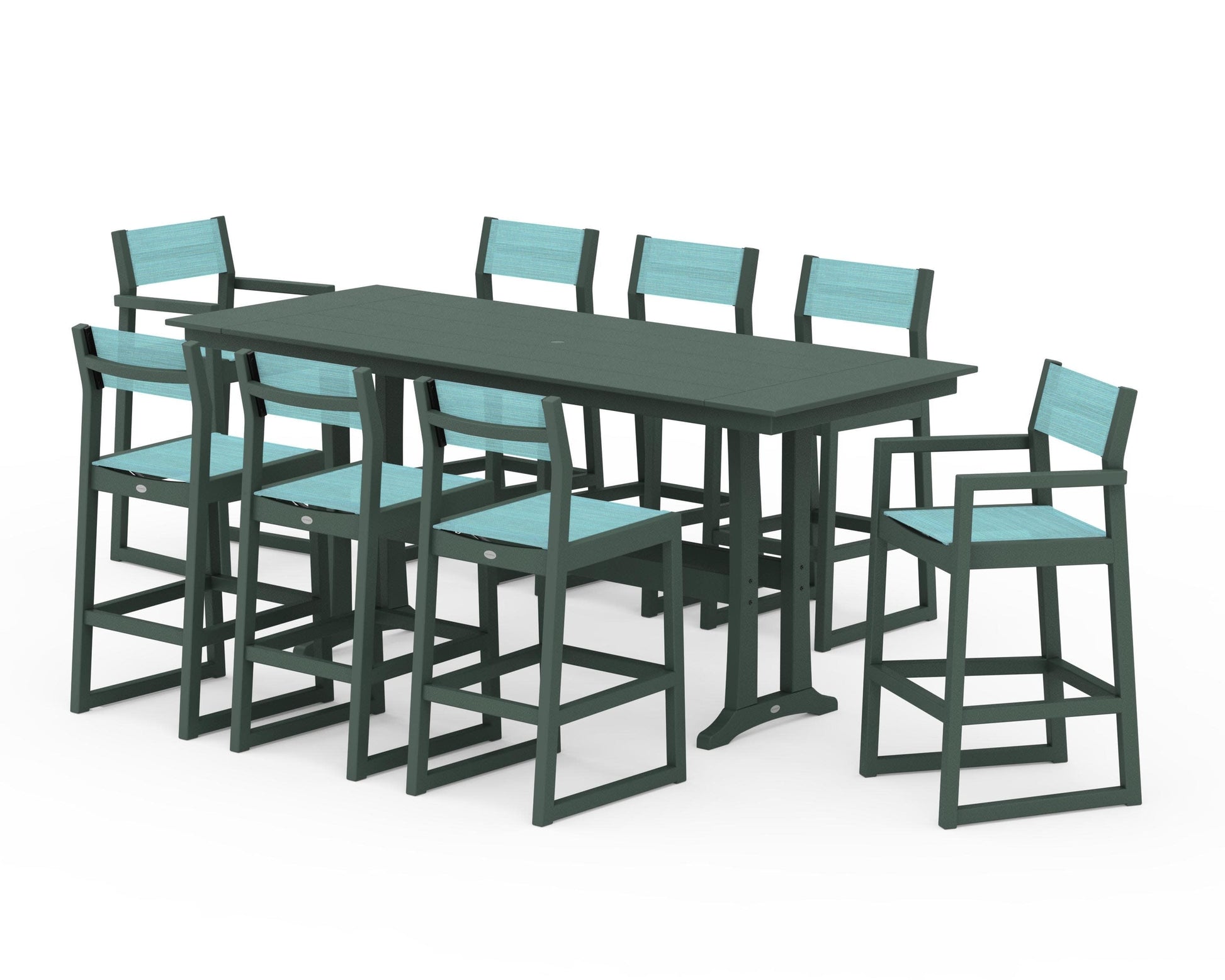 POLYWOOD EDGE Sling 9-Piece Farmhouse Bar Set with Trestle Legs — Green / Dupioni Aquamarine Sling