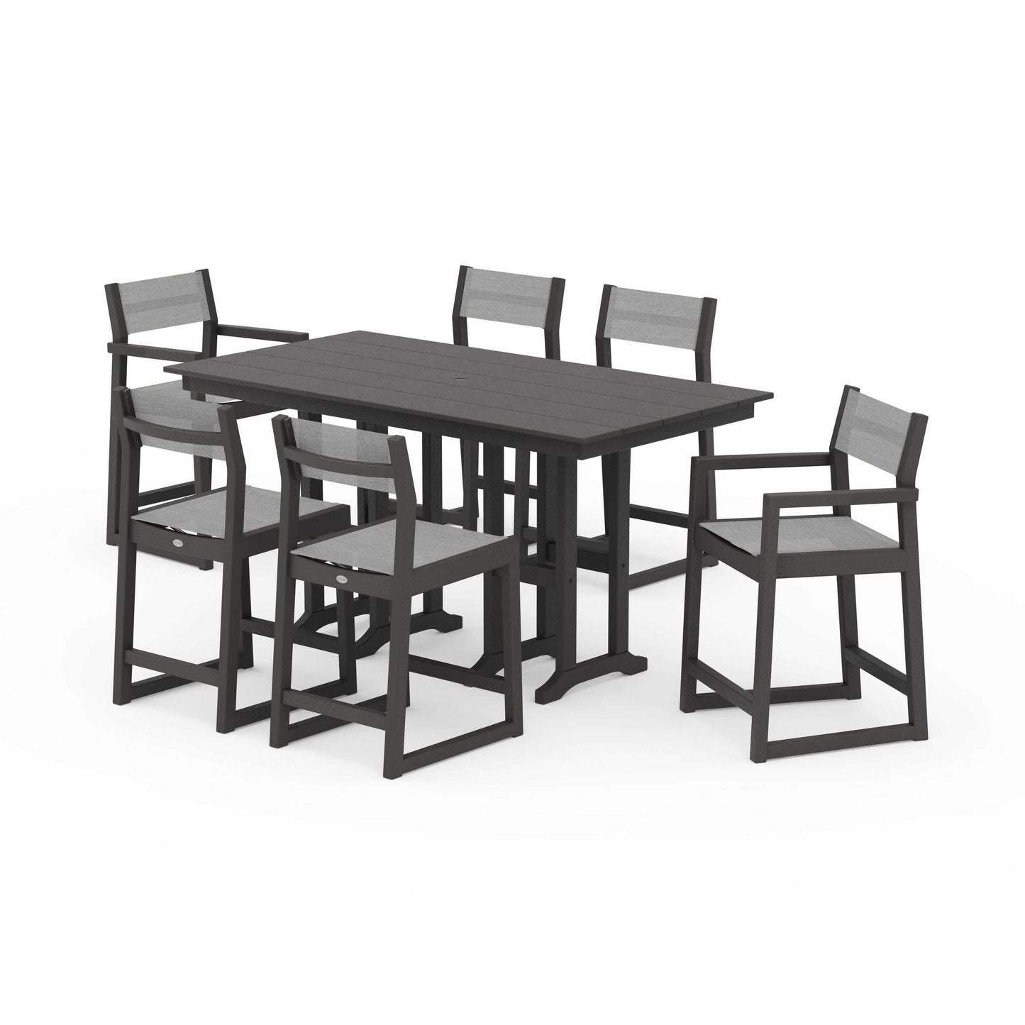 POLYWOOD EDGE Sling 7-Piece Farmhouse Counter Set with Trestle Legs — Vintage Coffee / Metallic Sling