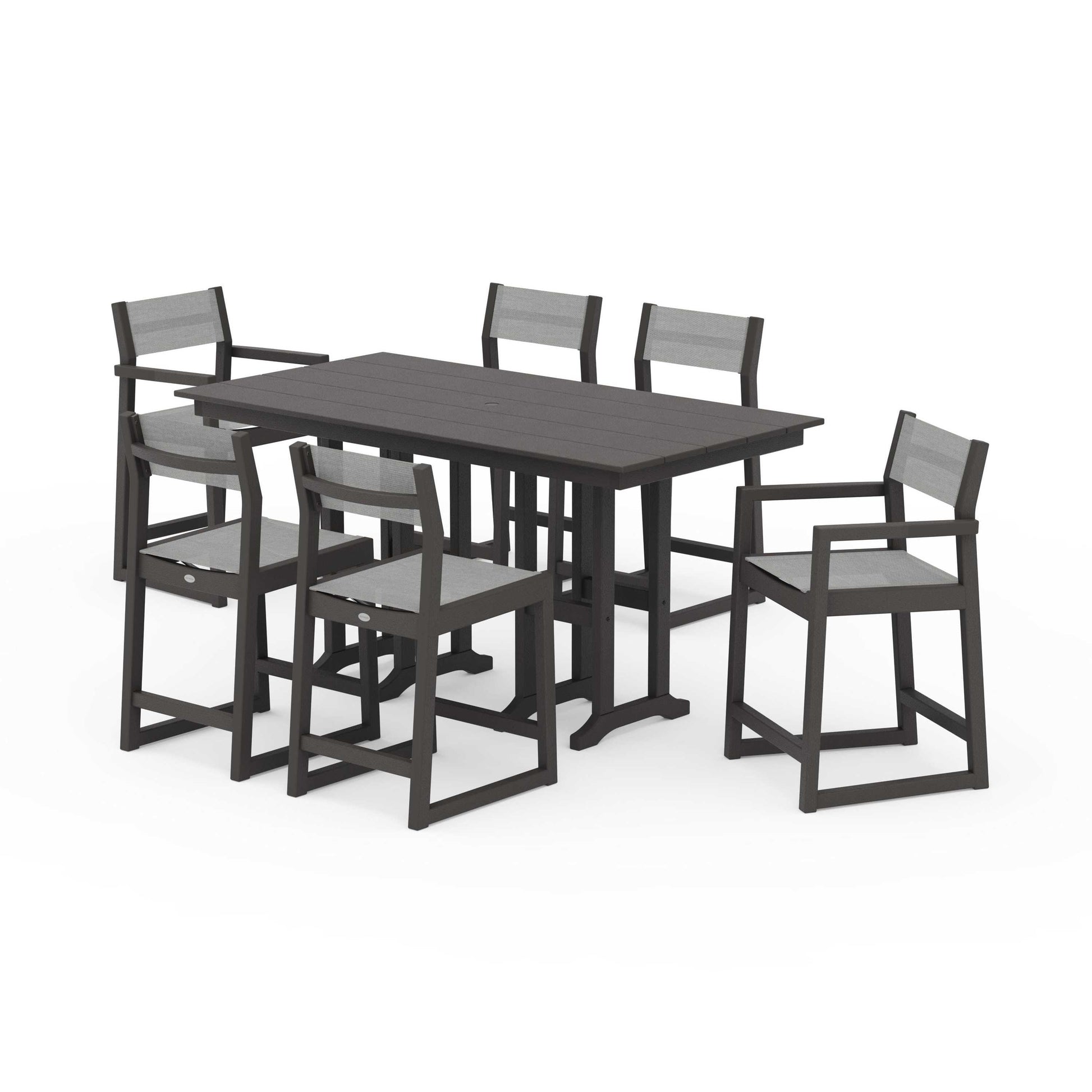 POLYWOOD EDGE Sling 7-Piece Farmhouse Counter Set with Trestle Legs — Vintage Coffee / Metallic Sling