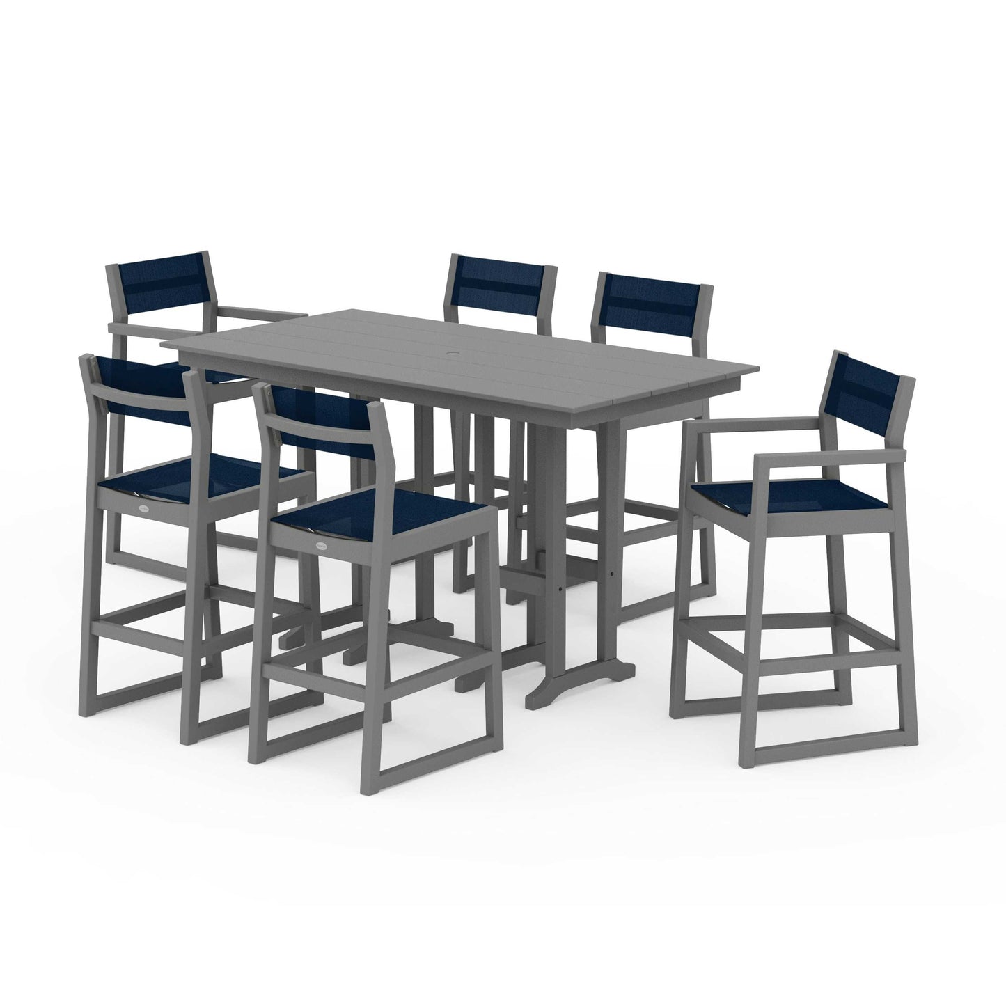 POLYWOOD EDGE Sling 7-Piece Farmhouse Bar Set — Slate Grey / Navy Blue Sling