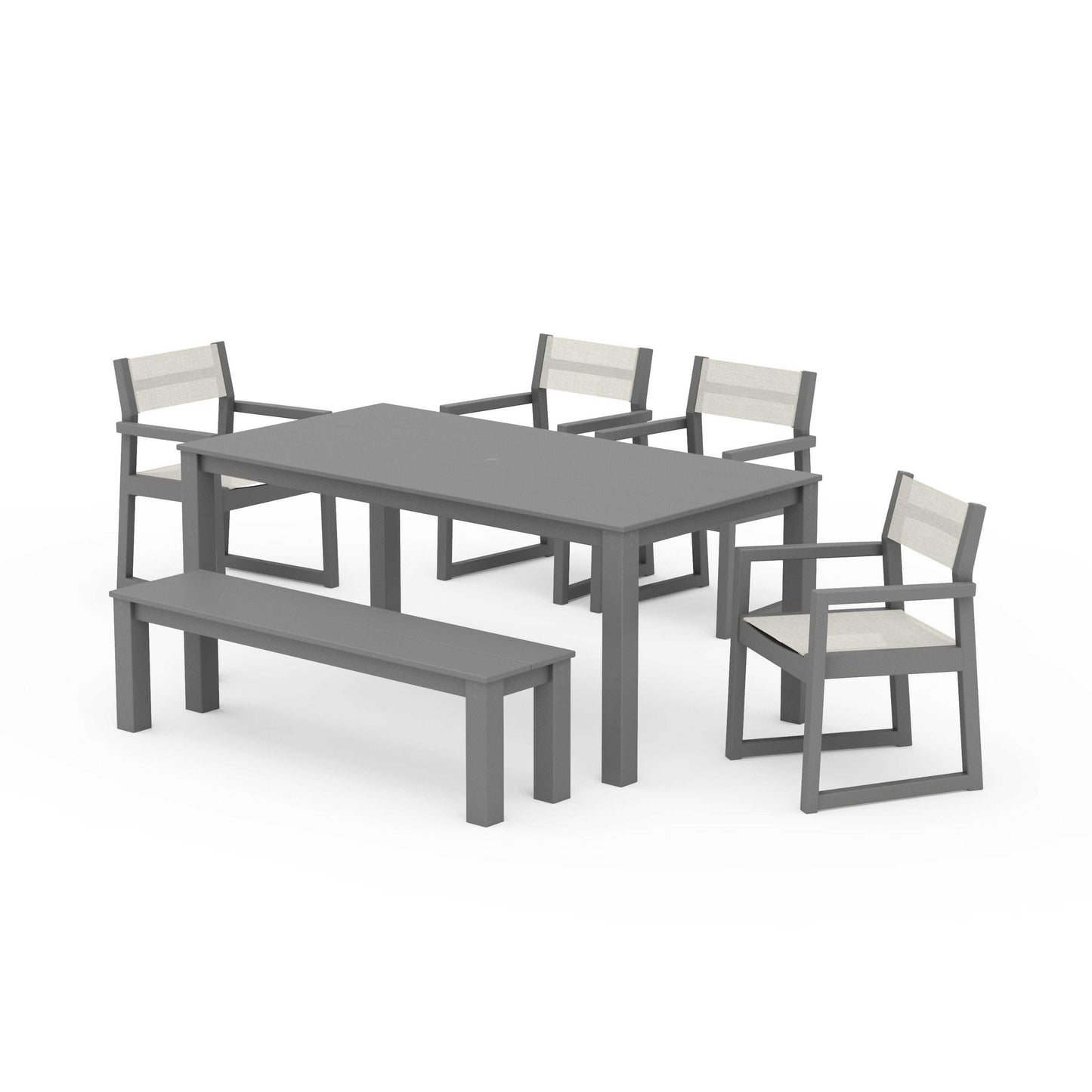 POLYWOOD EDGE Sling Arm Chair 6-Piece Parsons Dining Set with Bench — Slate Grey / Parchment Sling