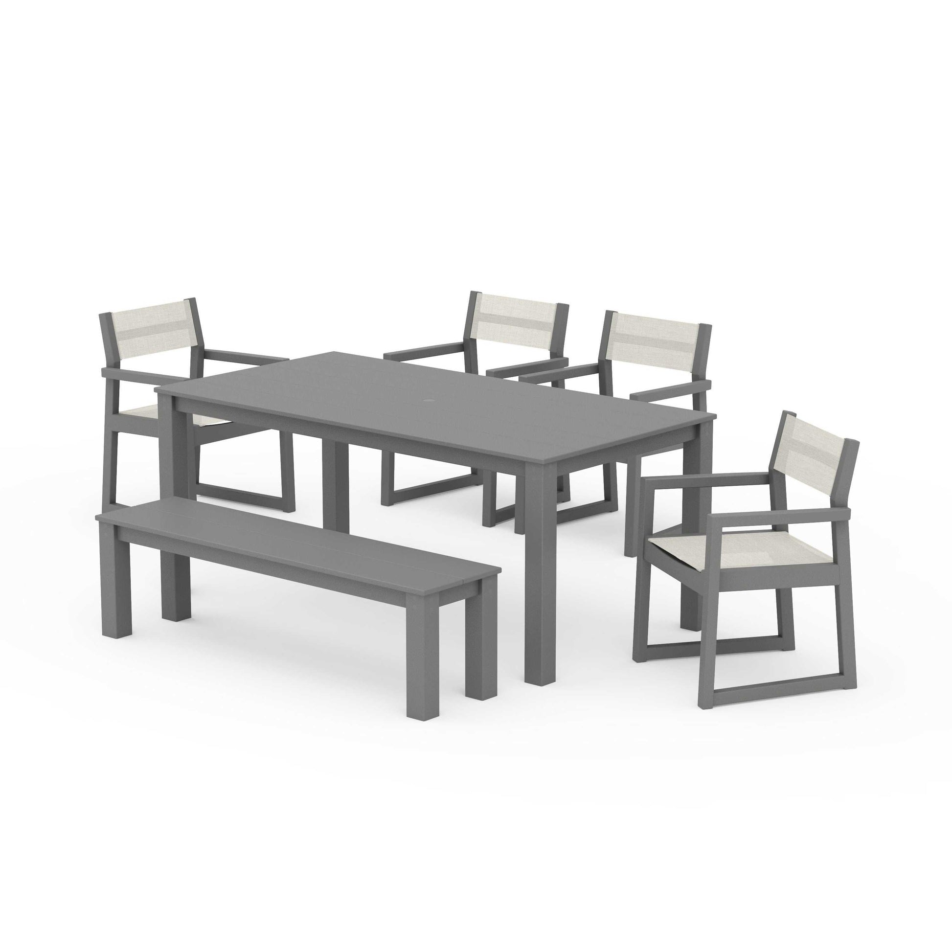 POLYWOOD EDGE Sling Arm Chair 6-Piece Parsons Dining Set with Bench — Slate Grey / Parchment Sling
