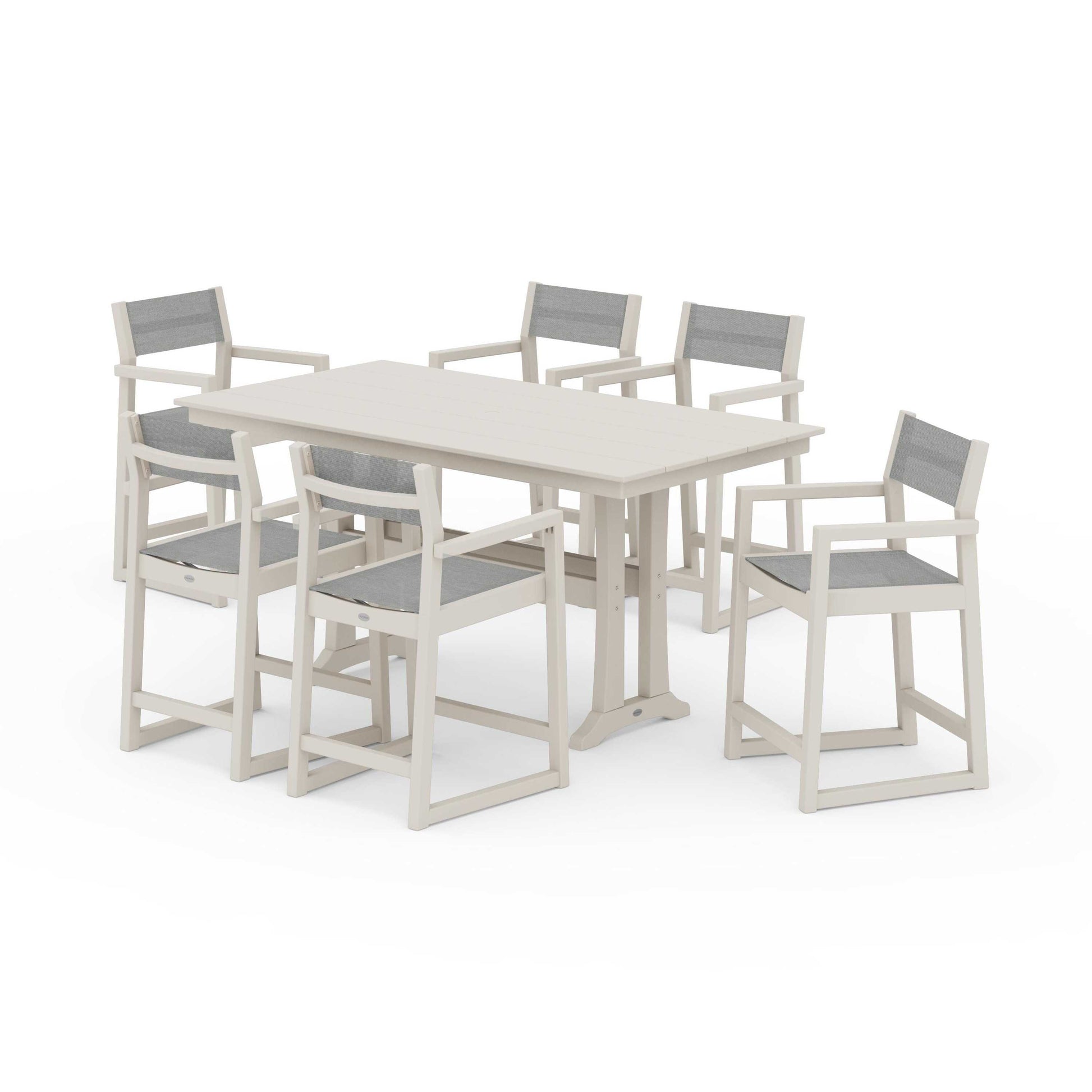 POLYWOOD EDGE Sling Arm Chair 7-Piece Farmhouse Counter Set with Trestle Legs — Sand / Metallic Sling