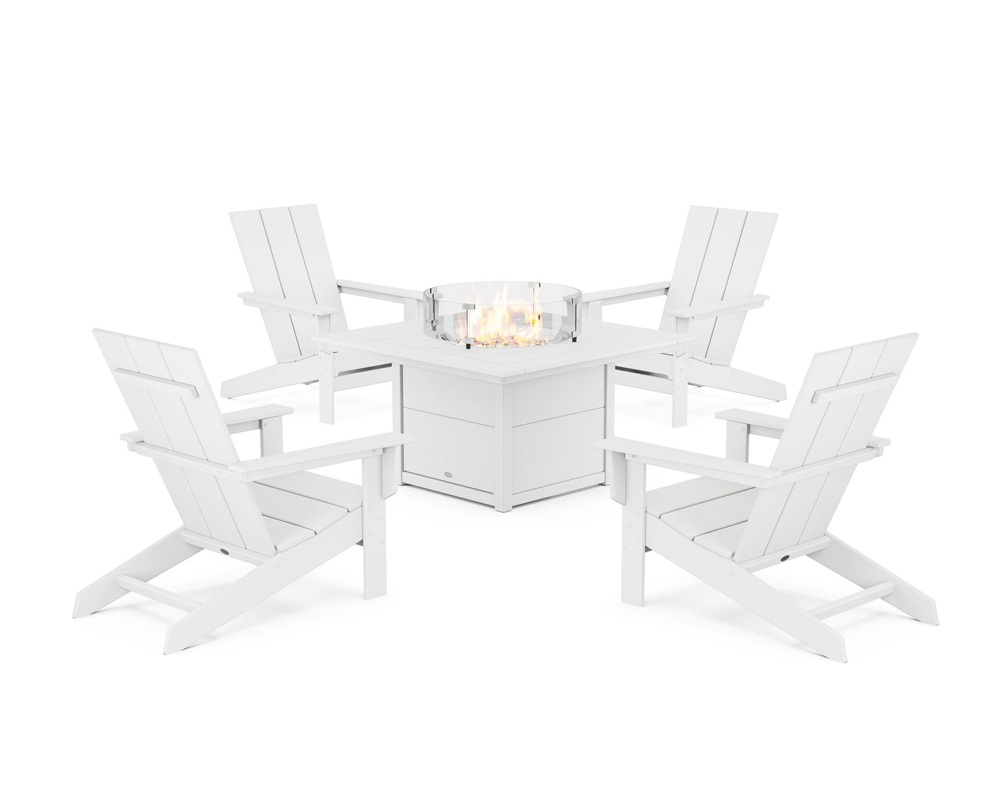 POLYWOOD 5-Piece Modern Studio Adirondack Conversation Set with Fire Pit Table — White