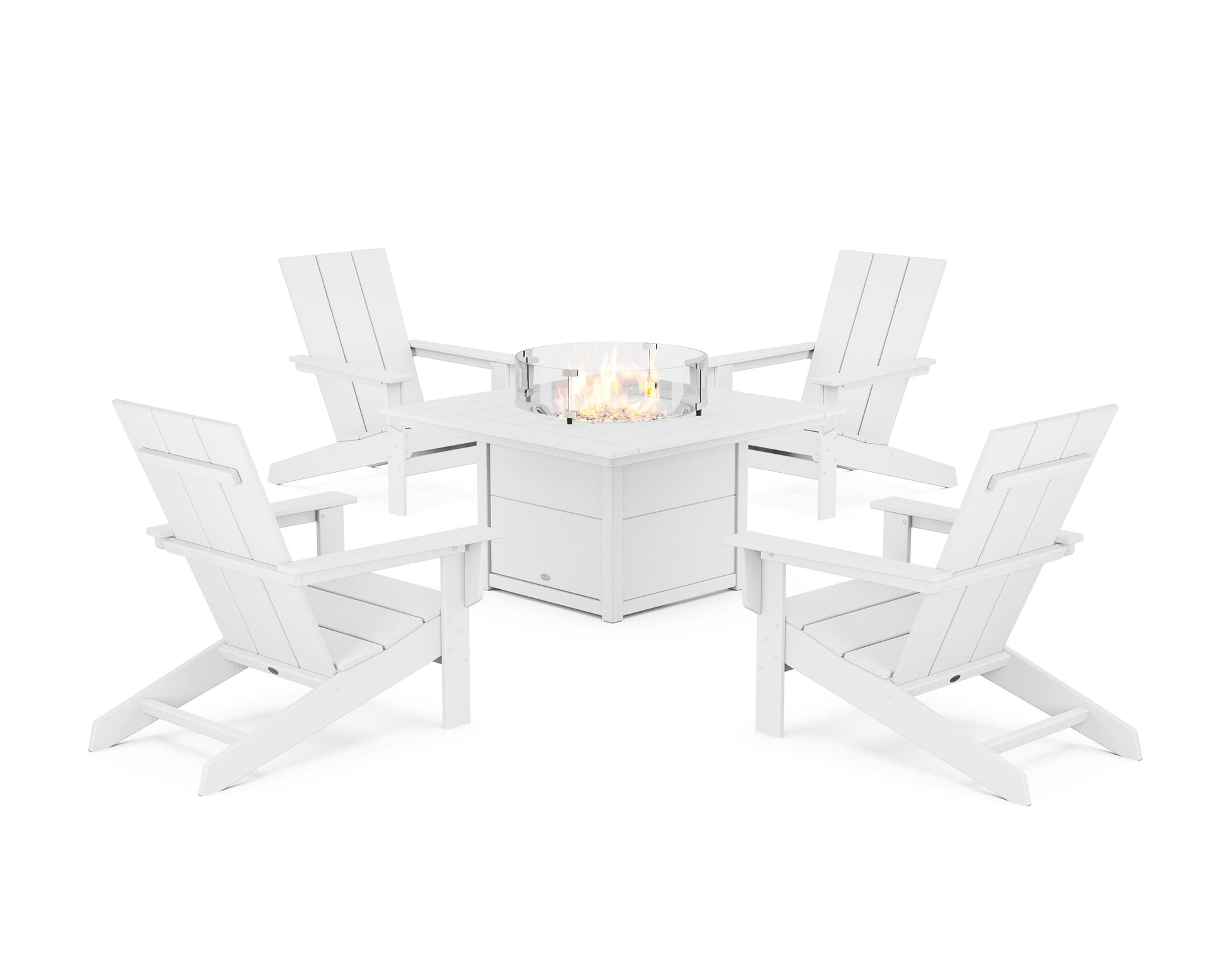 POLYWOOD 5-Piece Modern Studio Adirondack Conversation Set with Fire Pit Table — White