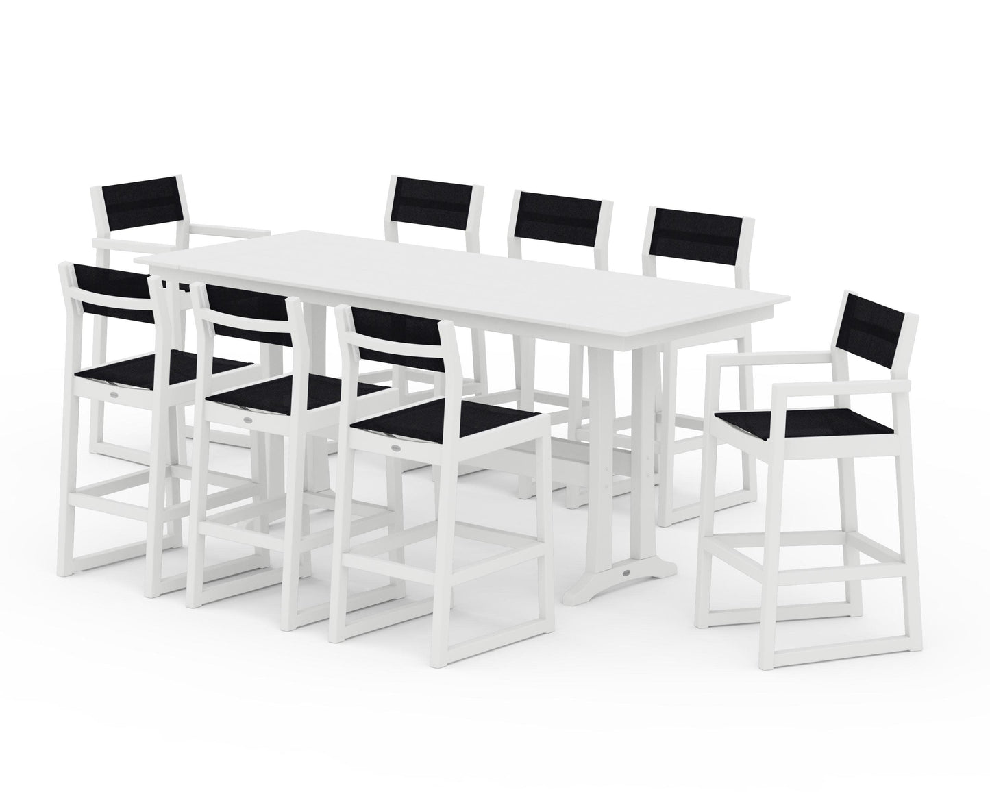 POLYWOOD EDGE Sling 9-Piece Farmhouse Bar Set with Trestle Legs — White / Black Sling