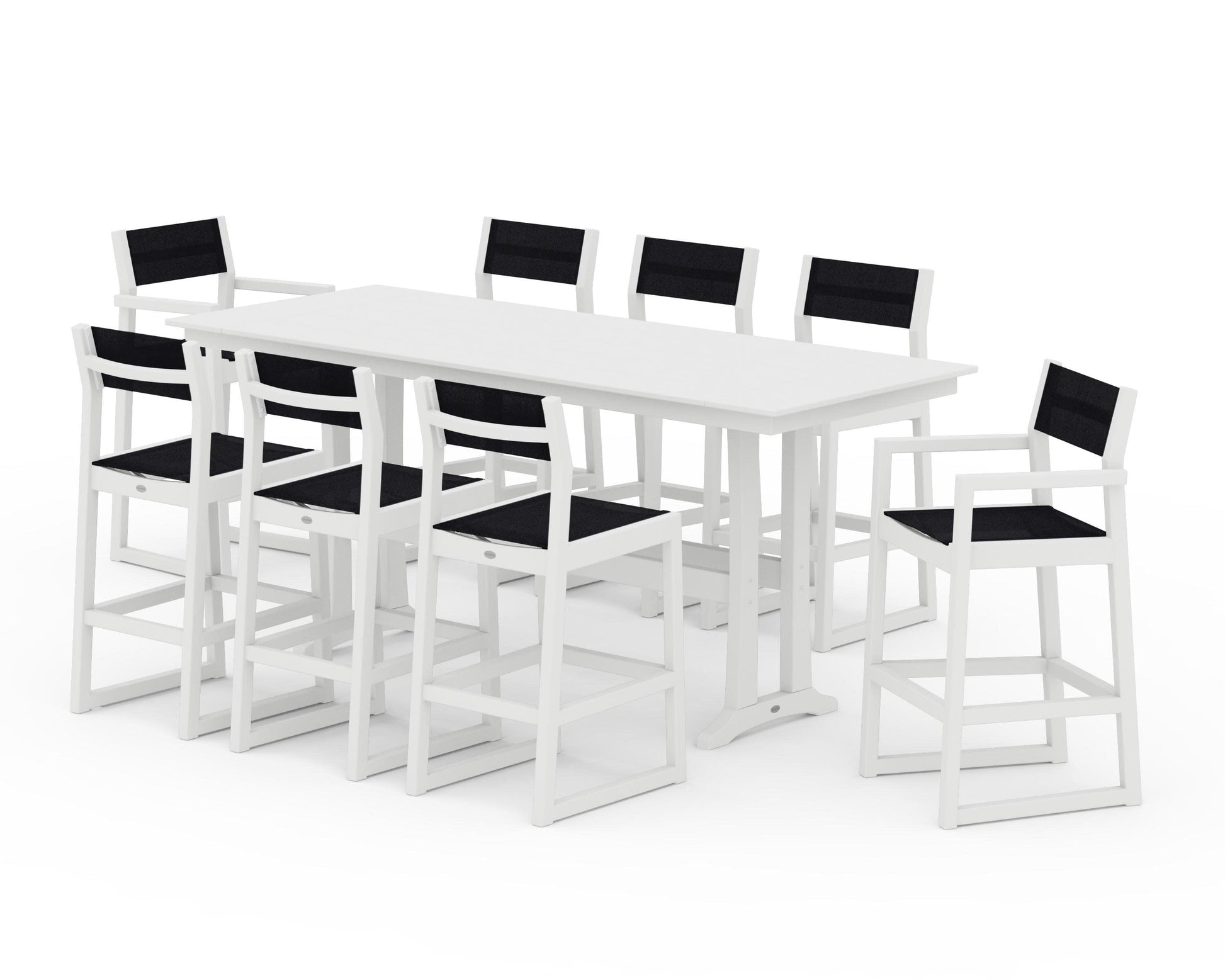 POLYWOOD EDGE Sling 9-Piece Farmhouse Bar Set with Trestle Legs — White / Black Sling