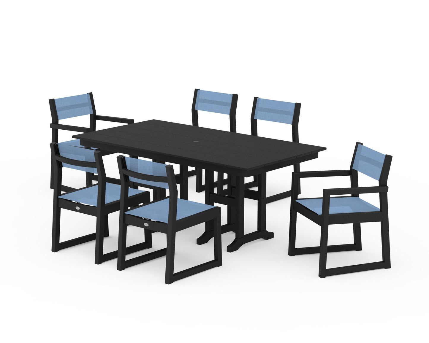 POLYWOOD EDGE Sling 7-Piece Farmhouse Dining Set — Black / Poolside Sling