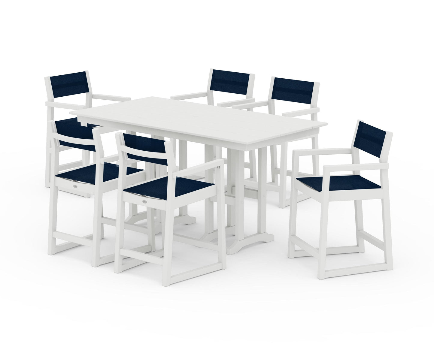 POLYWOOD EDGE Sling Arm Chair 7-Piece Farmhouse Counter Set — Vintage White / Navy Blue Sling