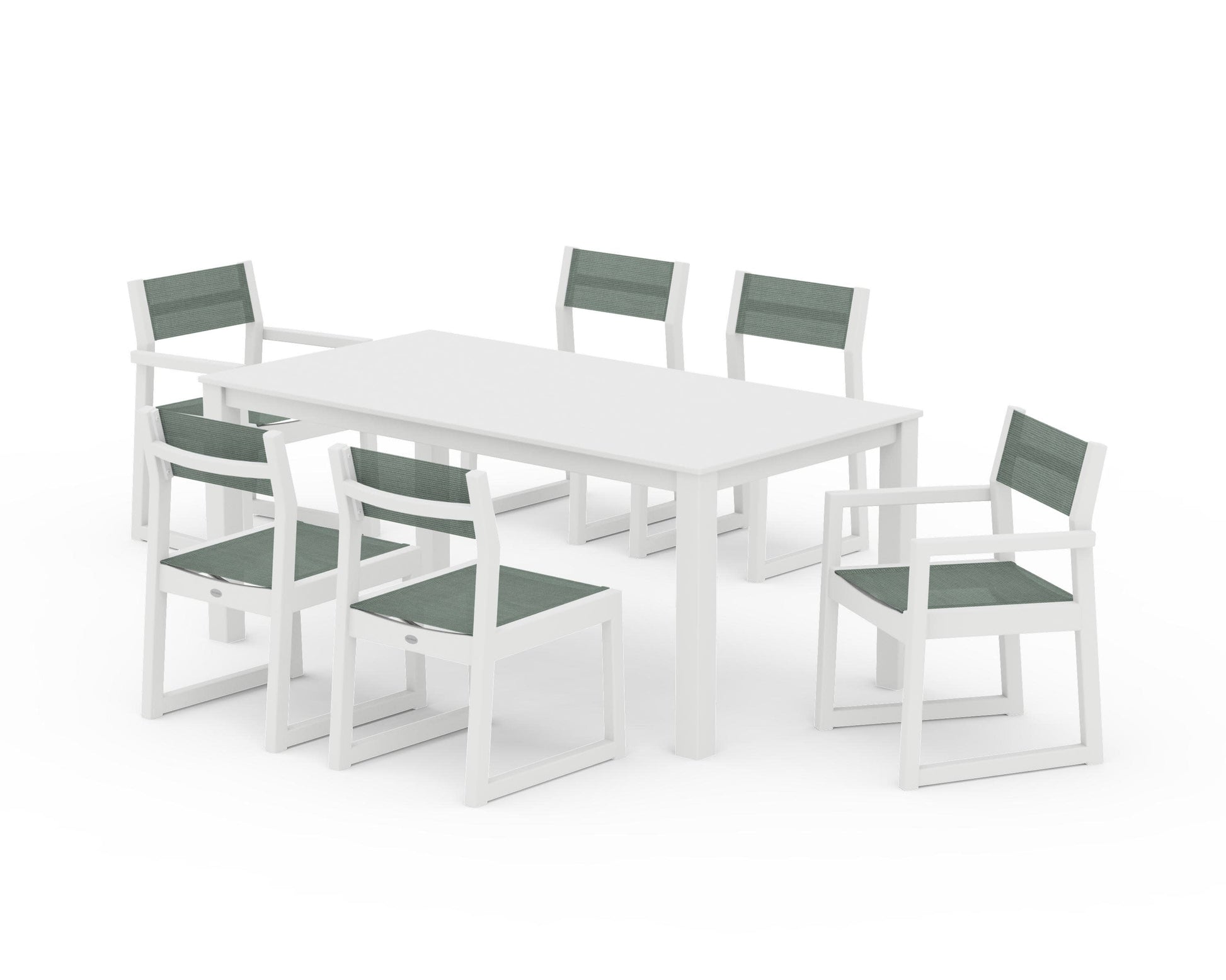 POLYWOOD EDGE Sling 7-Piece Parsons Dining Set — White / Dupioni Sea Mist Sling