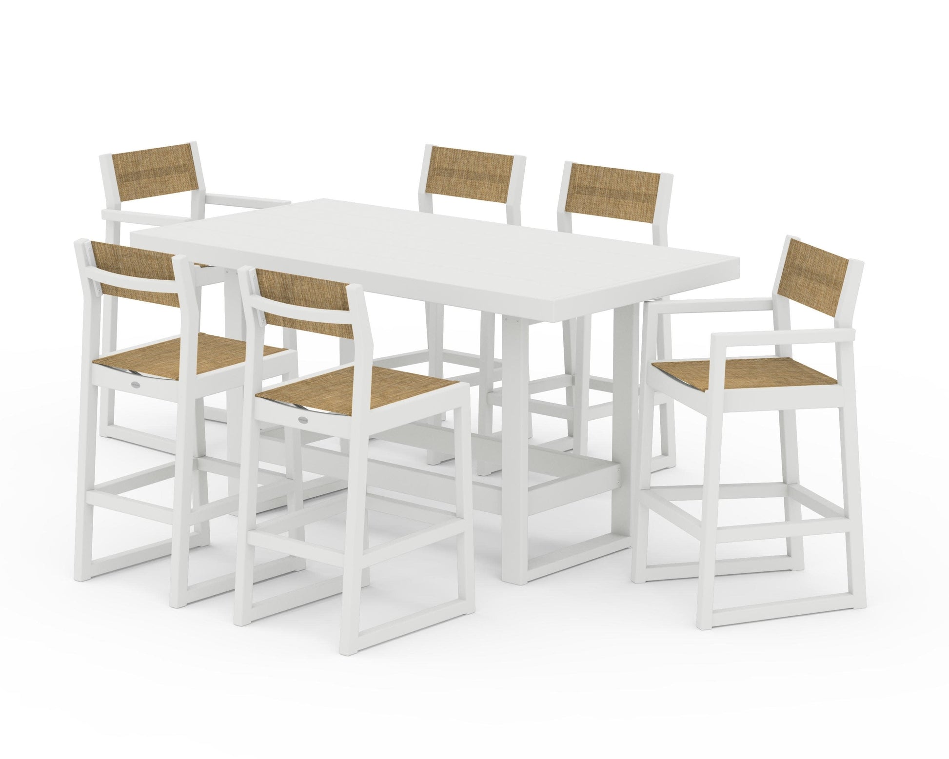 POLYWOOD EDGE Sling 7-Piece Bar Table Set — Vintage White / Burlap Sling