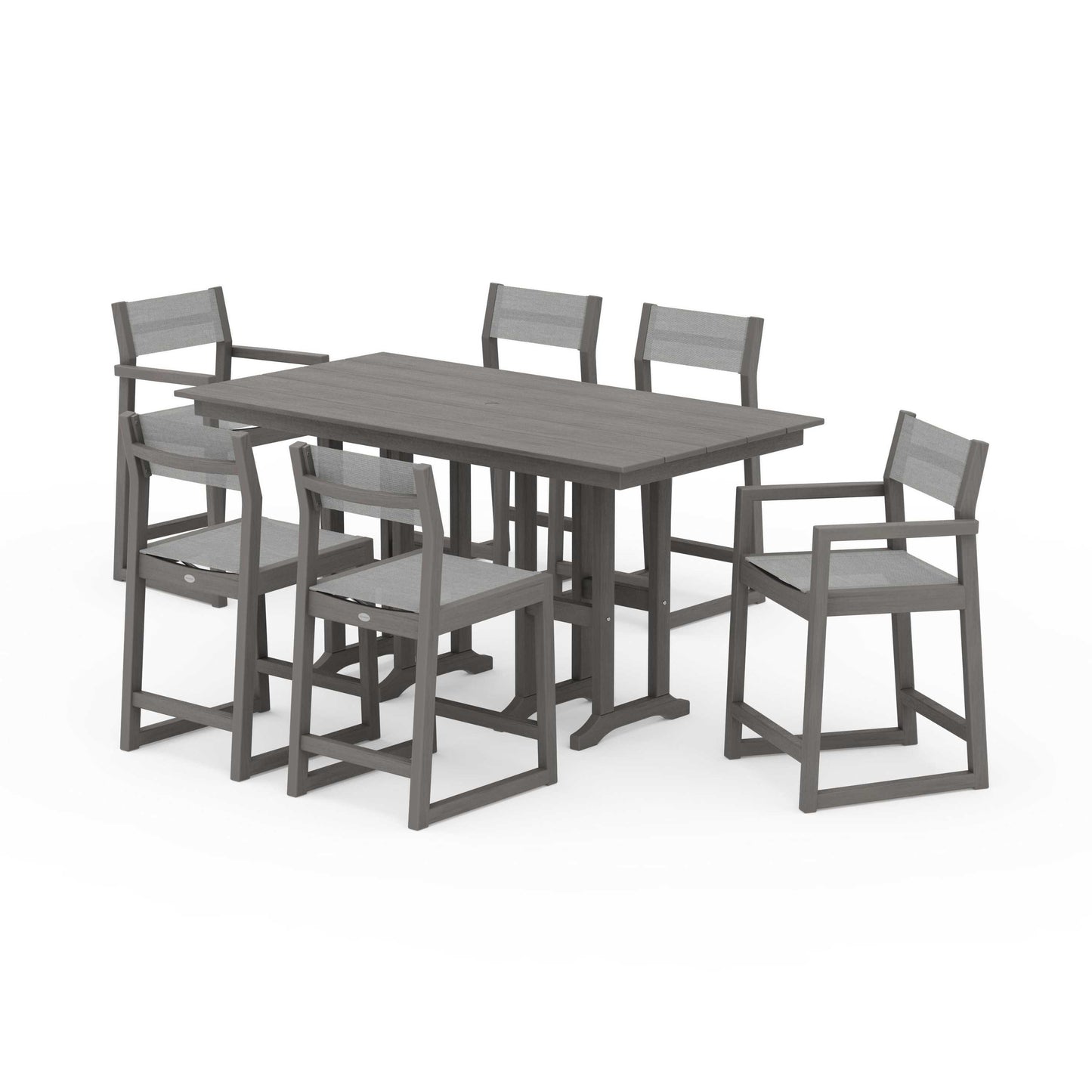 POLYWOOD EDGE Sling 7-Piece Farmhouse Counter Set with Trestle Legs — Driftwood / Metallic Sling