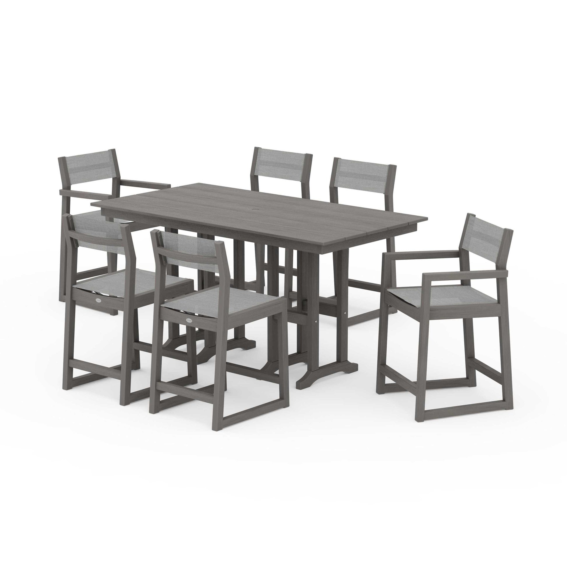 POLYWOOD EDGE Sling 7-Piece Farmhouse Counter Set with Trestle Legs — Driftwood / Metallic Sling