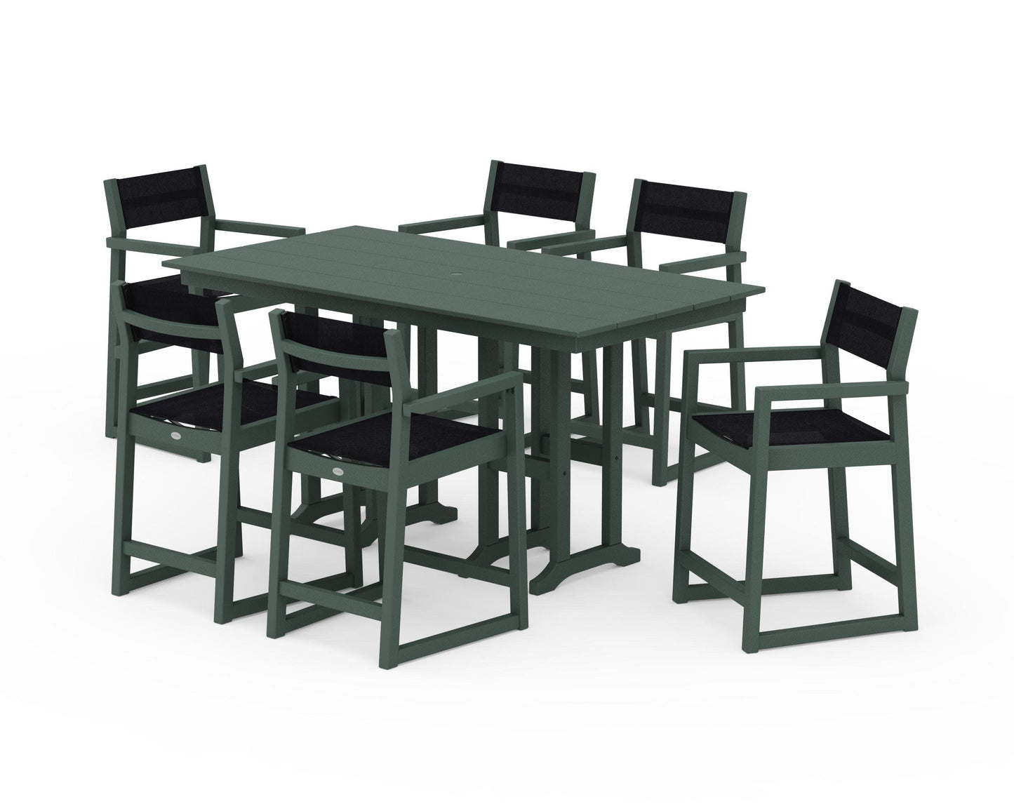 POLYWOOD EDGE Sling Arm Chair 7-Piece Farmhouse Counter Set — Green / Black Sling