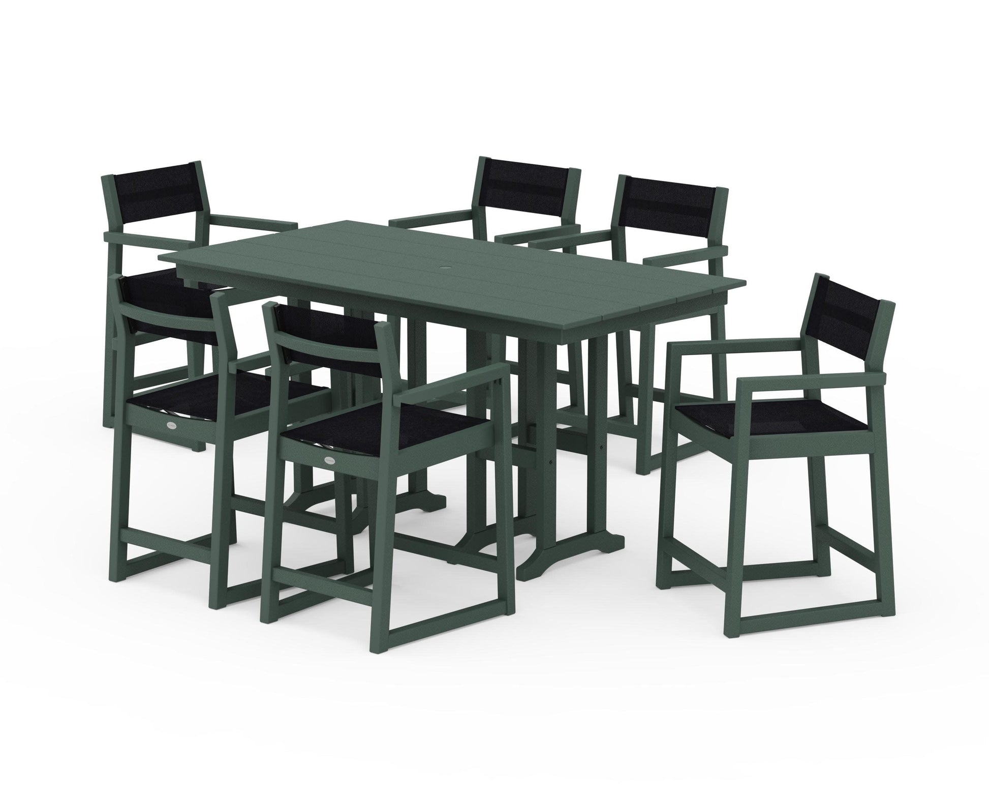 POLYWOOD EDGE Sling Arm Chair 7-Piece Farmhouse Counter Set — Green / Black Sling