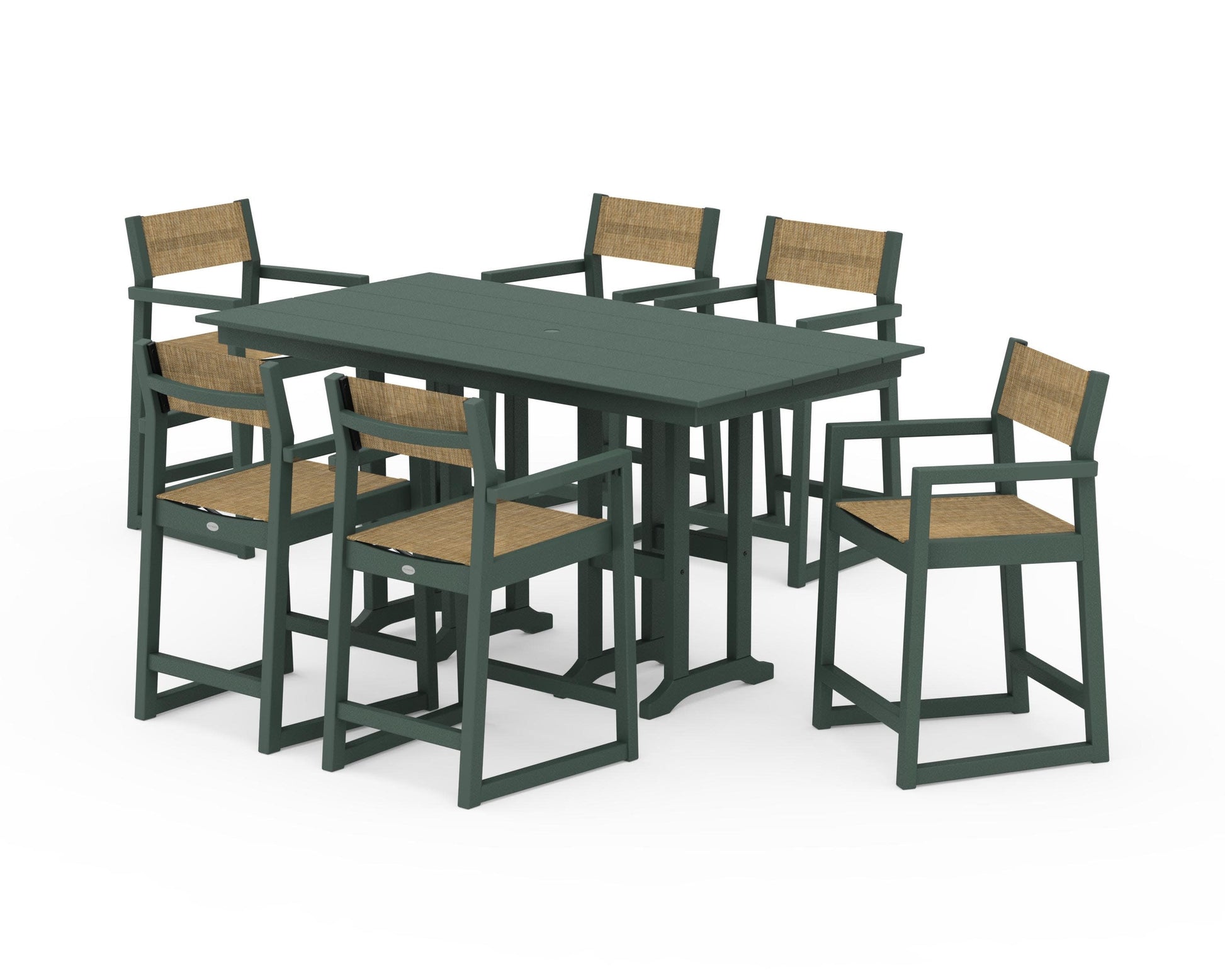 POLYWOOD EDGE Sling Arm Chair 7-Piece Farmhouse Counter Set — Green / Burlap Sling
