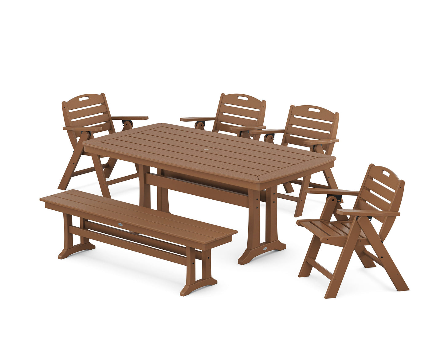 POLYWOOD Nautical Lowback 6-Piece Dining Set with Trestle Legs and Bench — Teak