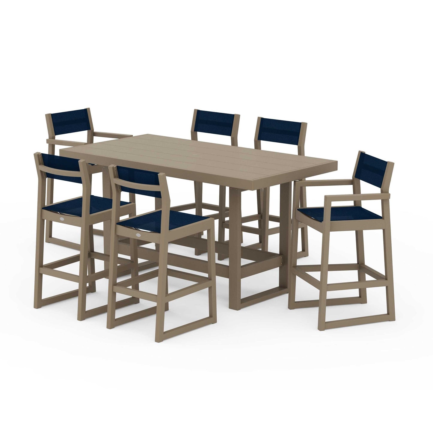 POLYWOOD EDGE Sling 7-Piece Bar Table Set — Vintage Sahara / Navy Blue Sling