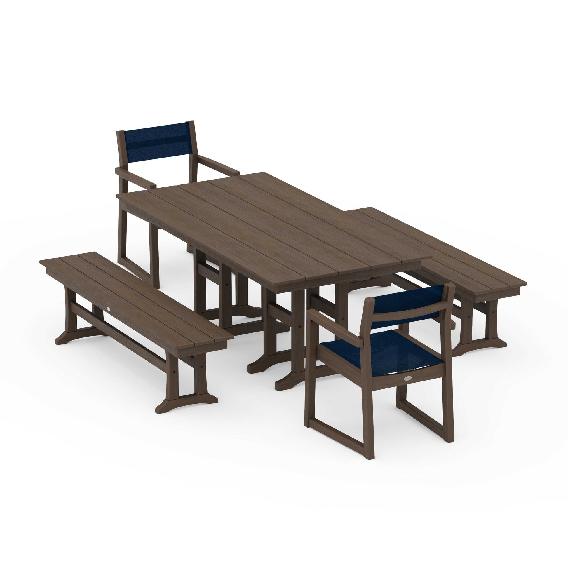 POLYWOOD EDGE Sling Arm Chair 5-Piece Farmhouse Dining Set with Benches — Kona / Navy Blue Sling