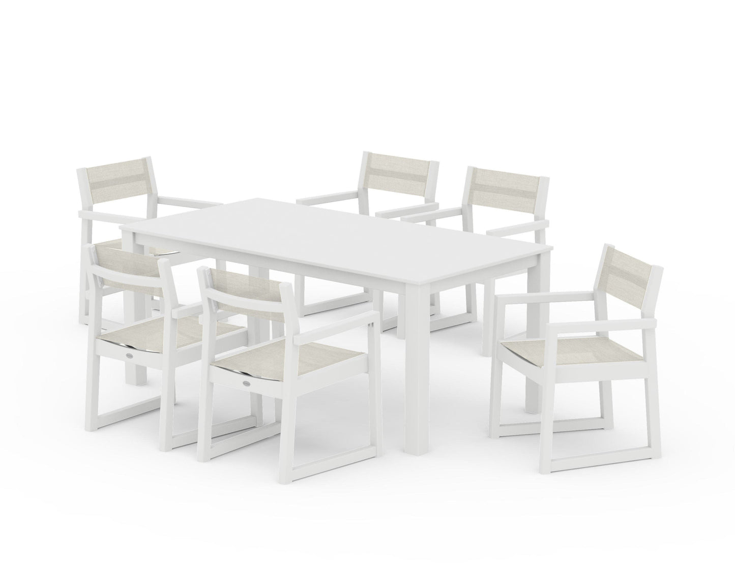 POLYWOOD EDGE Sling Arm Chair 7-Piece Parsons Dining Set — White / Parchment Sling