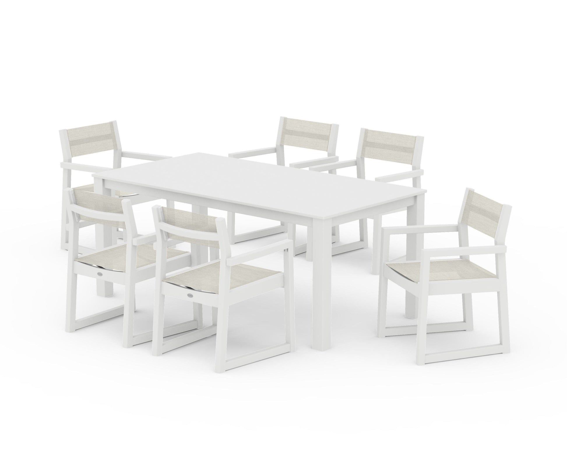 POLYWOOD EDGE Sling Arm Chair 7-Piece Parsons Dining Set — White / Parchment Sling