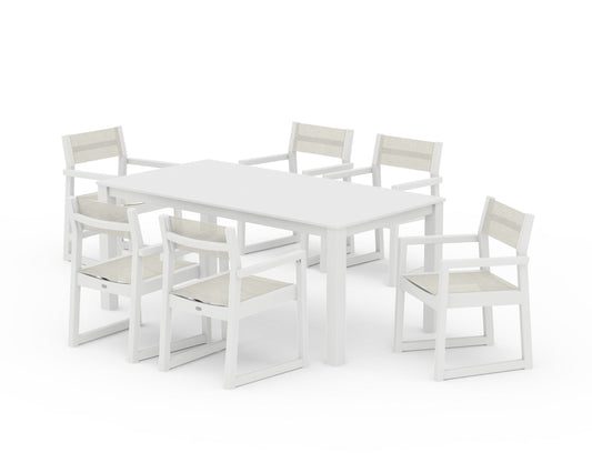 POLYWOOD EDGE Sling Arm Chair 7-Piece Parsons Dining Set — White / Parchment Sling