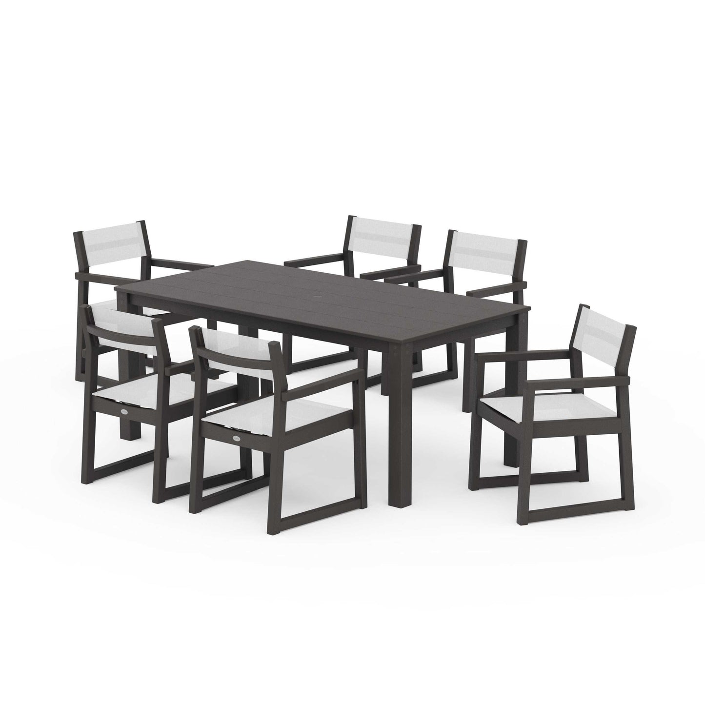 POLYWOOD EDGE Sling Arm Chair 7-Piece Parsons Dining Set — Vintage Coffee / White Sling