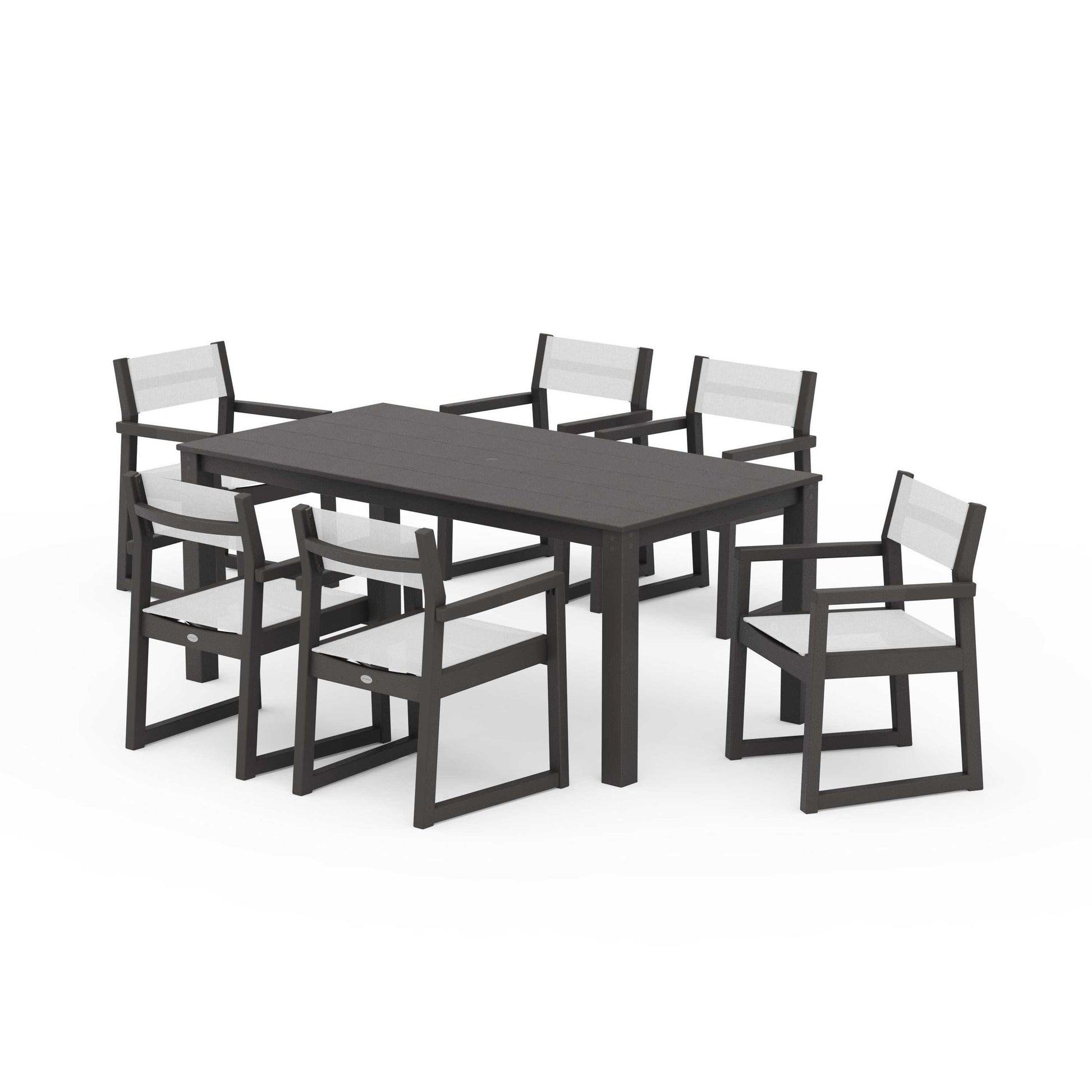 POLYWOOD EDGE Sling Arm Chair 7-Piece Parsons Dining Set — Vintage Coffee / White Sling