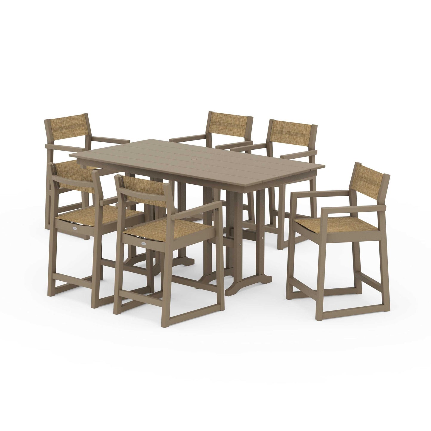 POLYWOOD EDGE Sling Arm Chair 7-Piece Farmhouse Counter Set — Vintage Sahara / Burlap Sling
