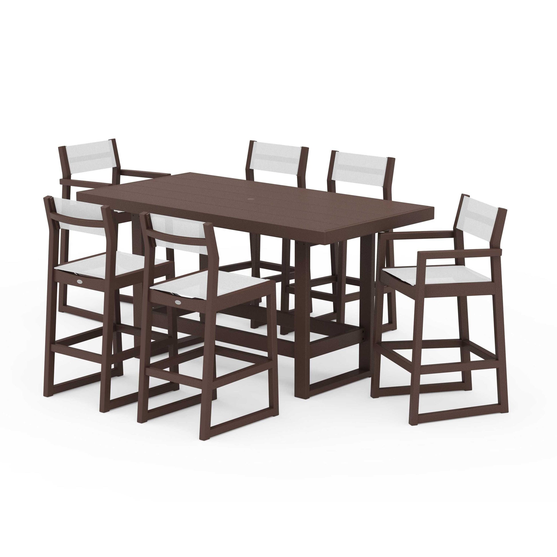 POLYWOOD EDGE Sling 7-Piece Bar Table Set — Mahogany / White Sling