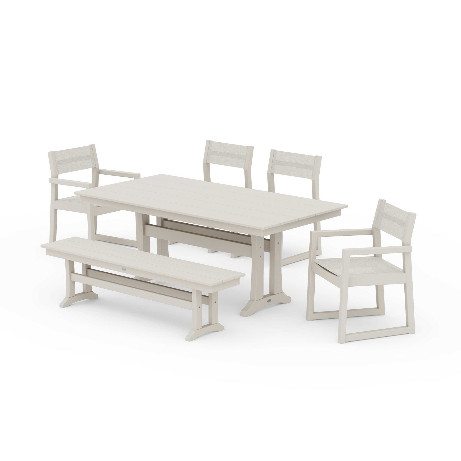 POLYWOOD EDGE Sling 6-Piece Farmhouse Dining Set With Trestle Legs — Sand / Parchment Sling