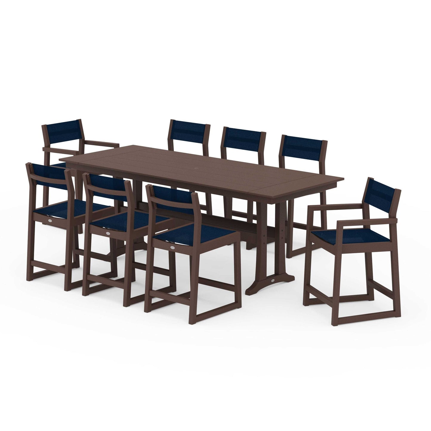POLYWOOD EDGE Sling 9-Piece Farmhouse Counter Set with Trestle Legs — Mahogany / Navy Blue Sling