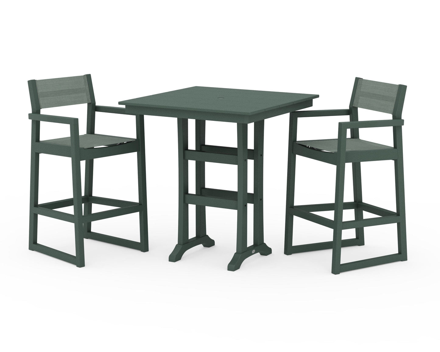 POLYWOOD EDGE Sling Arm Chair 3-Piece Farmhouse Bar Set with Trestle Legs — Green / Dupioni Sea Mist Sling