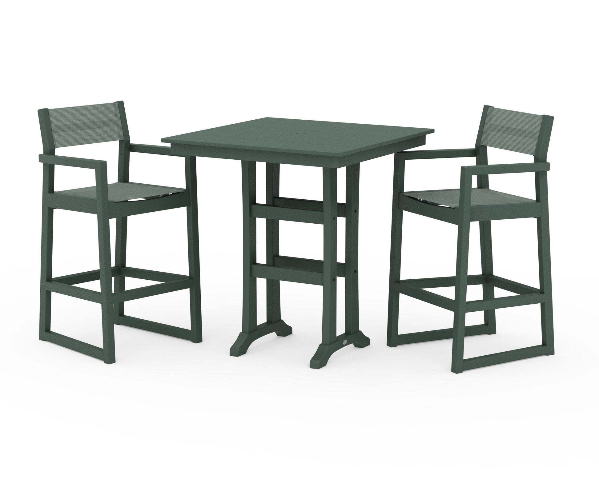 POLYWOOD EDGE Sling Arm Chair 3-Piece Farmhouse Bar Set with Trestle Legs — Green / Dupioni Sea Mist Sling